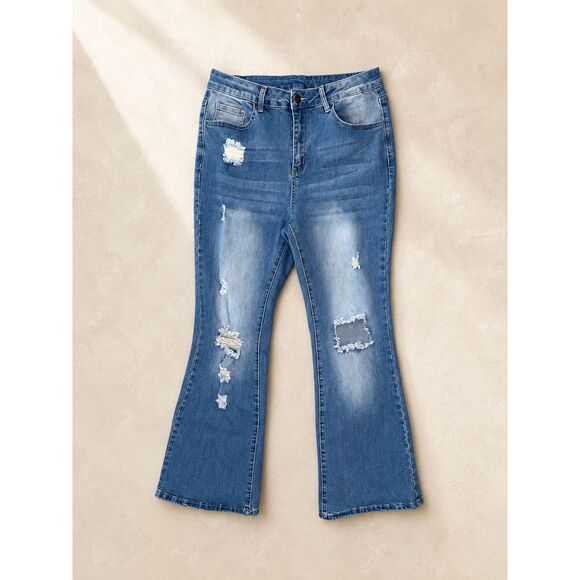 Denim - Women's Plus Size 0XL Distressed Flare Jeans Blue Stretch High Rise Denim